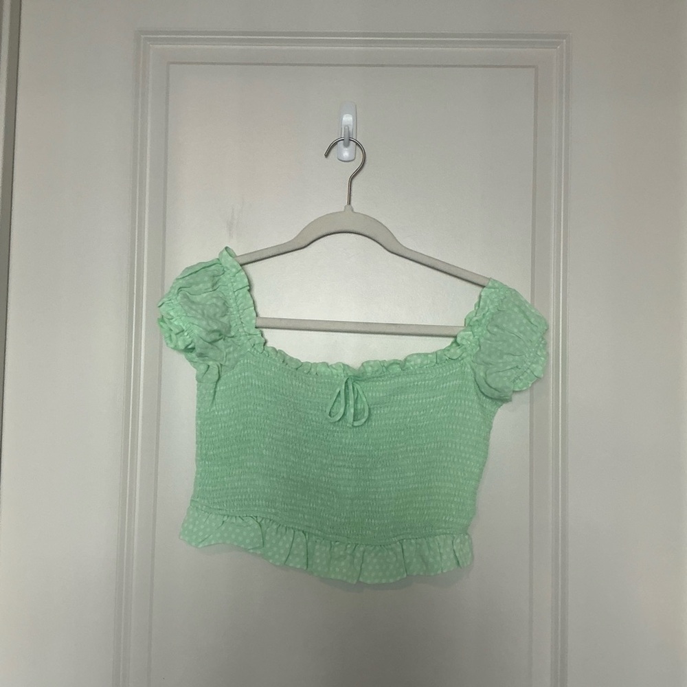 Zara Mint Green Ruffled Polka Dot Crop Top - Picture 2 of 4